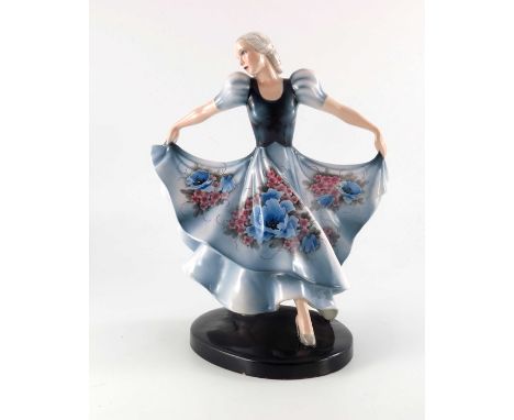 Claire Herczeg for Goldscheider, a female dancer in floral dress, model 8134, designed circa 1937, impressed signature to dre