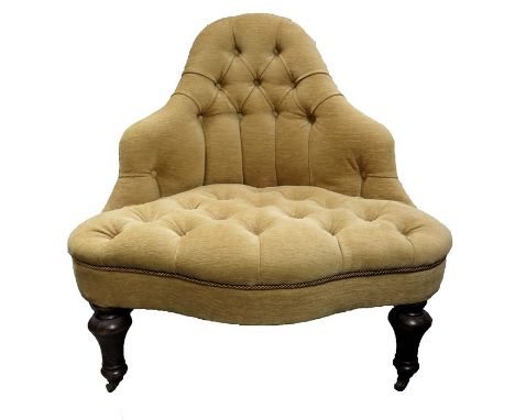 A Victorian button back upholstered corner chair, on turned oak legs, serpentine fronted with ogee stepped triangular back, 8
