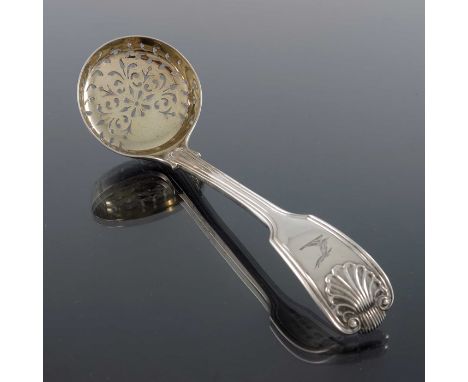 A Victorian silver sifter spoon, George Adams, London 1849, Fiddle, Thread and Shell Pattern, of ladle form with pierced foli