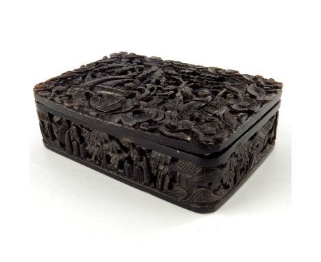 A Chinese carved tortoiseshell snuff box, 19th century, modelled in relief with populated garden landscape scenes within flor