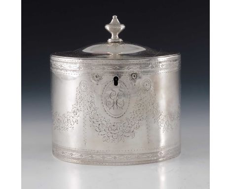 A George III silver tea caddy, John Denzilow, London 1782, straight sided oval form, bright cut decorated with Neoclassical f