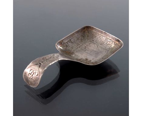 A George III silver caddy spoon, Joseph Willmore, Birmingham 1812, bright cut, the square section bowl with leafy panel borde