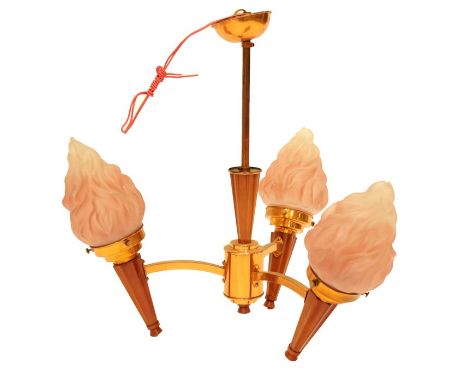 An Art Deco copper and Bakelite three light pendant, a central fluted cone supporting a three arm drum, each branch terminati