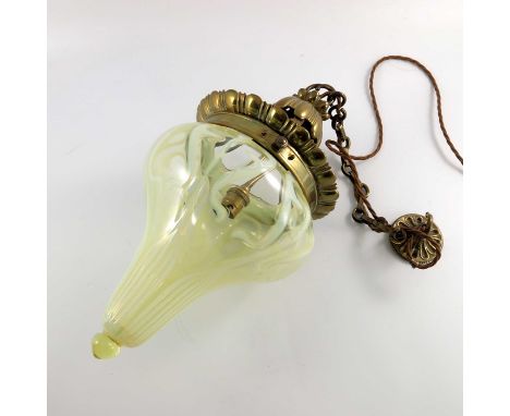 John Walsh Walsh, a large Arts and Crafts opalescent glass pendant light shade and fitting, ogee onion form, optic moulded wi