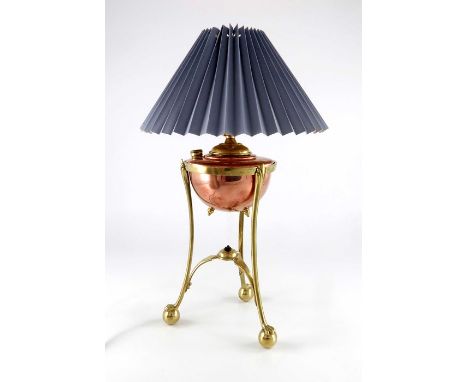 W A S Benson, an Arts and Crafts copper and brass table lamp, model 45, circa 1890, converted to electricity form an oil lamp