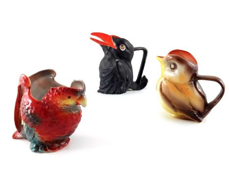 Three Royal Bayreuth porcelain novelty creamer jugs, including Robin, Parakeet and Crow, 12.5cm high (3)