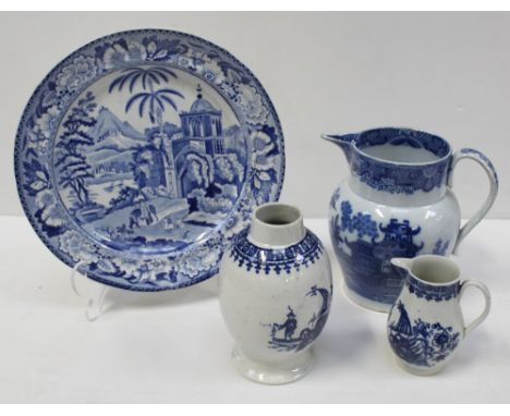 A Seth Pennington of Liverpool c1778-99 tea caddy, 'Fisherman' pattern, an English c1840 blue and white Willow pattern jug 'O