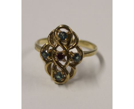 A 9ct yellow gold ladies' dress ring, knot-set with small green and red stones, size , approx 2.5g.