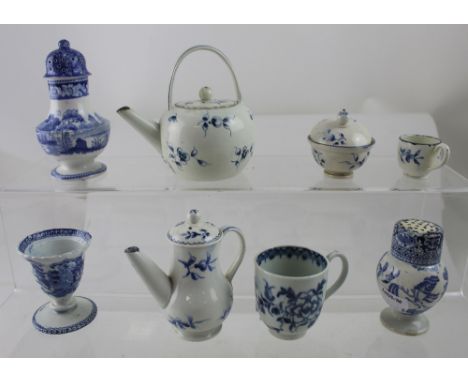 Eight late 18th/early 19th century blue and white ceramics to include a Worcester c1770 coffee can, blue cross mark to the ba