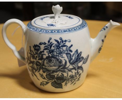 A Worcester c1770-80 blue transfer-printed teapot, 'Rose' pattern with rose and foliate knop to the top, height 14.5cm, paper