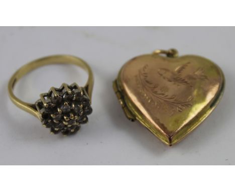 A heart-shaped locket with 9ct gold front and back and a 9ct gold paste-set cluster ring, size P, combined approx 8g (2).