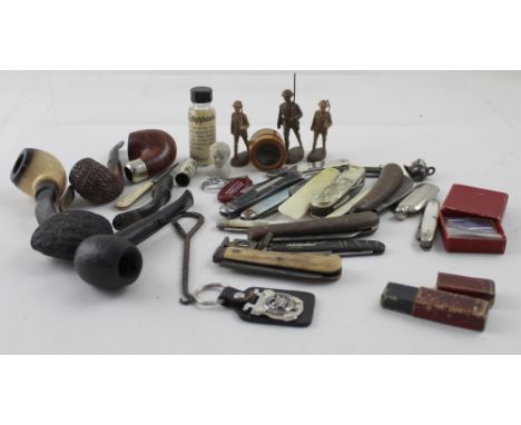 A collection of vintage penknives, a small fruitwood box, a group of briar and other smoking pipes etc.