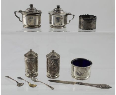 A George VI hallmarked silver Art Deco style cruet comprising two mustards, salt and two pepper pots, Edward Barnard &amp; So