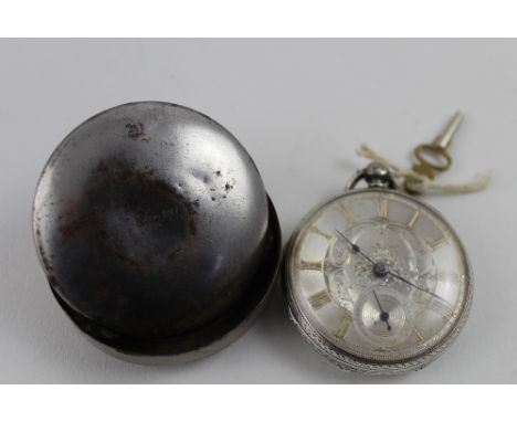 J Millar of Glasgow; a Victorian hallmarked silver cased open-faced Kew-wind pocket watch, the silvered engine-turned and fol