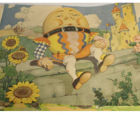 An early 20th century scratch-built wooden fort, a vintage straw-filled dog, a quantity of nursery rhyme posters to include H