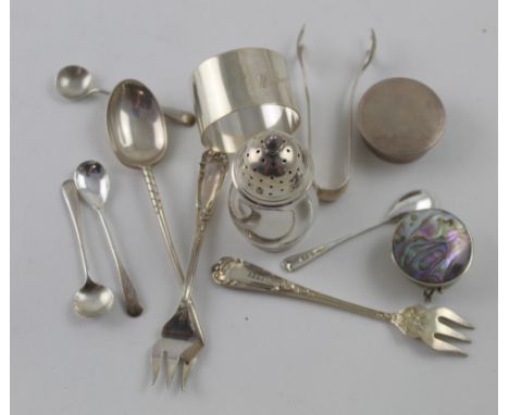 Various hallmarked silver and white metal items to include silver napkin ring, pepper pot, mustard spoons, spoon with golfing