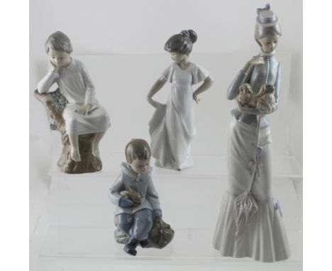 A Lladró figure of lady with dog, height 36.5cm, boy with book, Nao boy with rabbit and Nao girl (latter af) (4). CONDITION R