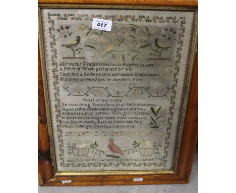 An early 19th century sampler with title and verse, 'Scala Coell (relating to the Steps to Heaven) Epoh Hgiaf Ytirahc' and th