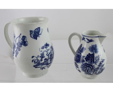 A Worcester c1770 bell-shaped mug, blue and white transfer 'Parrot Pecking Fruit' pattern, height 15cm and a Worcester c1770 