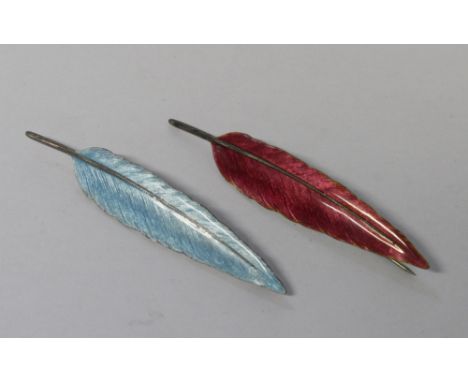 Two sterling silver and enamel brooches in the form of feathers, one raspberry red enamel and the other sky blue enamel, both
