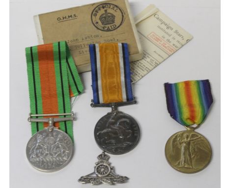 Two WWI medals, the War Medal and the Victory Medal, to 96198 Pte.J.Ashton.Liverpool R and a WWII medal with papers, also awa