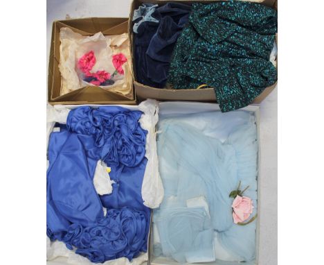 A quantity of vintage clothes to include a c1950s baby blue chiffon cocktail dress, a c1950s blue and rose velour decorated c