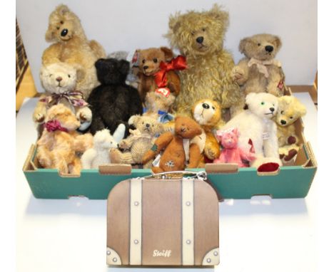 A quantity of vintage teddy bears to include a Steiff box in the form of a small suitcase with Steiff bear Charly to interior