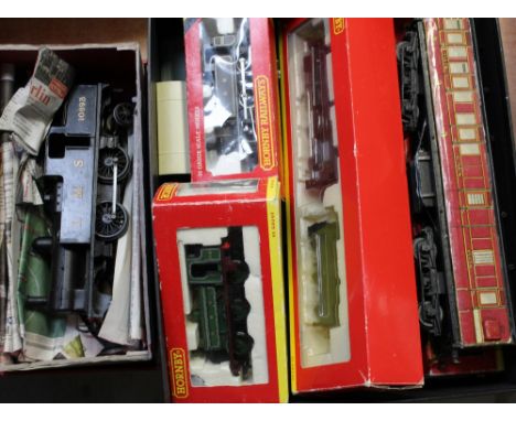 A group of playworn trains and carriages to include a boxed 'LLanfair Grange' train, R 2547, R 2186A etc.