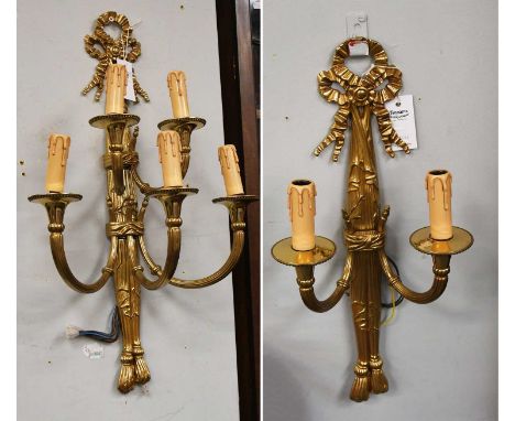 A Regency Style Ribbon Tied Gilt Metal Five Light Wall Sconce, together with a mathcing twin light example