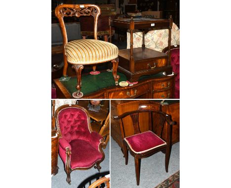 A Mahogany Lamp Table, corner chair, button back chair and a nursing chair