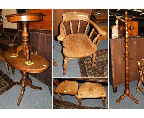 A 20th Century Smokers Bow Chair, two oak stools, a coat stand, a Victorian inlaid walnut lamp table and a Georgian oak oval 