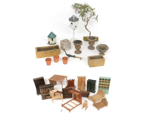 Quantity of Assorted Dolls House Furnishings including carved oak furniture, beds, longcase clock, various chairs, bedroom fu