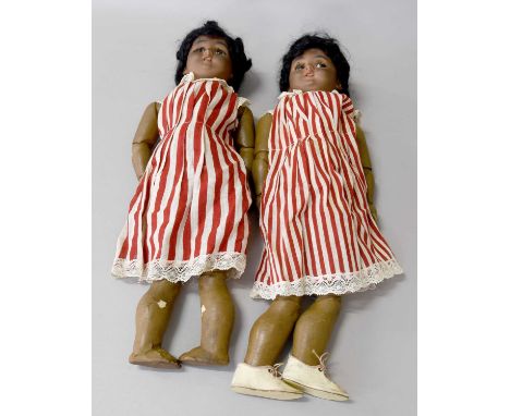 Two Simon &amp; Halbig Doll 1039 Mulatto Bisque Socket Head Doll with sleeping brown eyes, black wig, open mouth, pierced ear