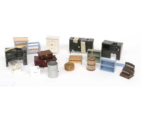 A Collection of Modern Dolls House Accessories comprising kitchenalia including stoves, painted kitchen shelves, copper type 