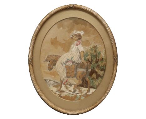 Four Early 19th Century Silkwork Pictures, comprising:a young girl seated on a donkey on the way to market, in an oval card m