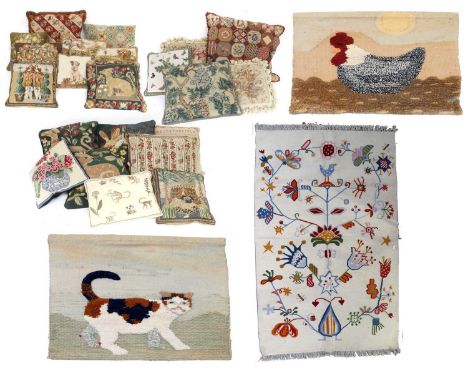 A Quantity of Assorted Modern Tapestry Cushions decorated with floral and animal motifs, seat pads, two Indian wall hangings 