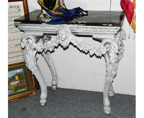 A 19th Century Style Italian Console Table, cream painted and faux marble topped, carved with rams heads and swags, 92cm by 4