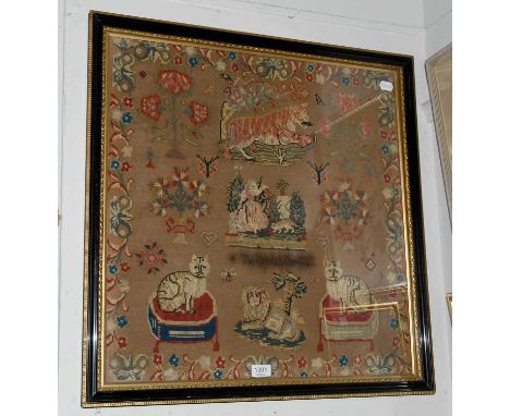 A Framed Late 19th Century Needlework Panel, titled 'The Girl and Her Cat', depicting a tiger to the top, two seated cats fla