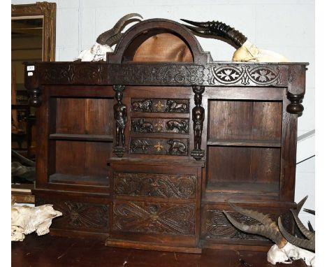 A Carved Oak Cabinet Top/Shelf, adorned with 17th Century elements, the frieze dated 1608, drawer fronts carved with animals,