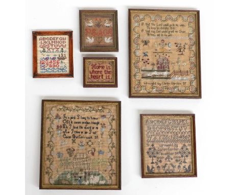 A Collection of Five Miniature Samplers by Caren Garfen including the alphabet, snippets from hymns and small slogan designs,
