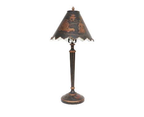 A Modern Toleware Table Lamp, black and decorated in gilt with chinoiserie figures65cm high