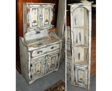 Three Pieces of Painted Nursery Furniture Comprising: a hanging shelf, a corner bookcase and a changing chest, all decorated 