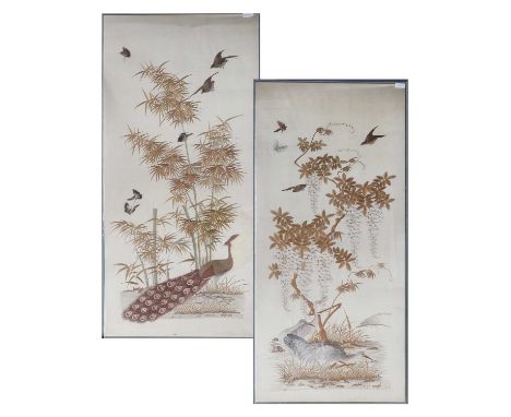 A Pair of 20th Century Large Chinese Embroidered Pictures depicting a peacock and bamboo with butterflies on a cream silk gro
