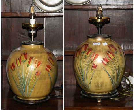A Pair of Potichomania Table Lamp by Jenny Worrell, painted with Tulips on a golden ground, 43cm including fittingsBoth appea