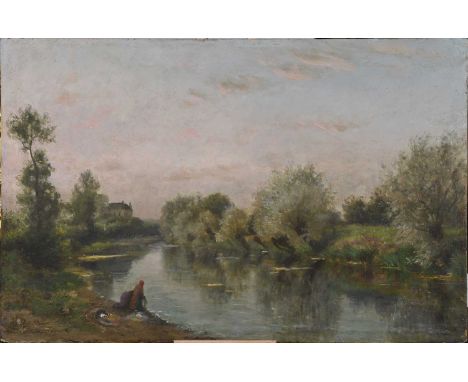Follower of George Vicat Cole (1833-1893)Figures at a riverside washingOil on panel, 26.5cm by 41cm (unframed)