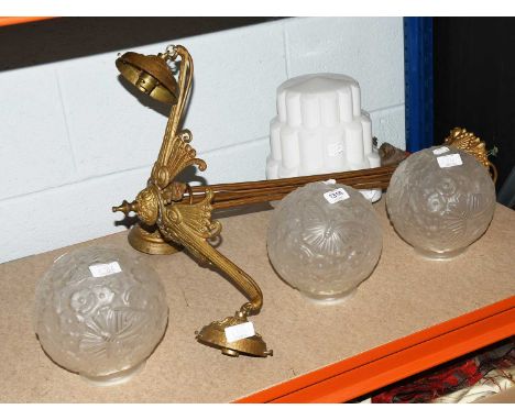 A Brass Three Light Ceiling Fitting, with moulding glass shades decorated with butterflies and flowers, together with a furth