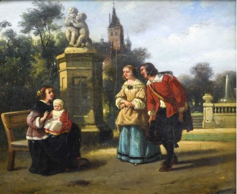 Attributed to John Callcott Horsley RA (1817-1903) Elegant couple in 17th century dress walking through a garden Bears signat