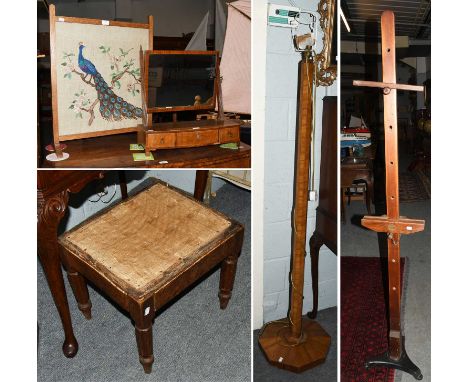 A George III Mahogany Dressing Table Mirror, an early 20th centrury oak fire screen, with peacock decorated needlework, an ea