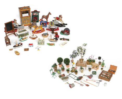 Assorted Dolls House Miniatures comprising nursery accessories, including Punch and Judy sets, blackboard, prams, dolls house