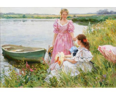 Vladimir Gusev (b.1957) RussianIn conversationSigned, inscribed verso, oil on canvas, 45cm by 64cmOverall good condition. Lig